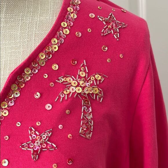 Quacker Factory Pink Tropical flamingos palm trees Tunic Top - Picture 4 of 10